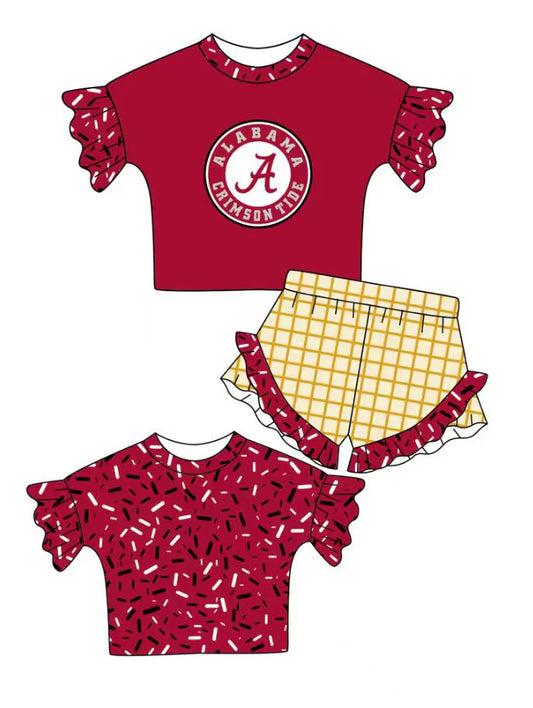 Preorder (moq 5)Baby Girls Red Sprinkles A Top Checked Ruffle Shorts Team Clothes Set 1.10