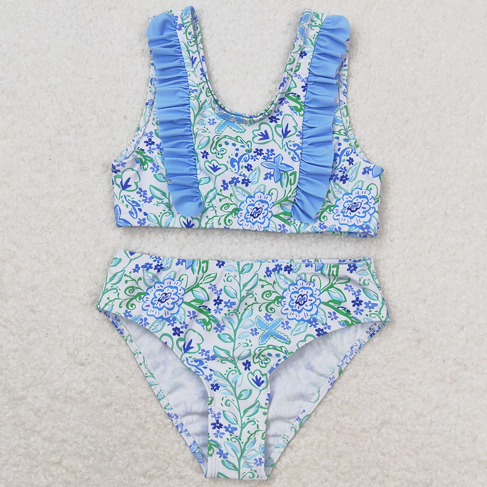 Baby Girls Swimsuits Summer Blue Flowers Ruffle Top Bummie Swimsuits S0279