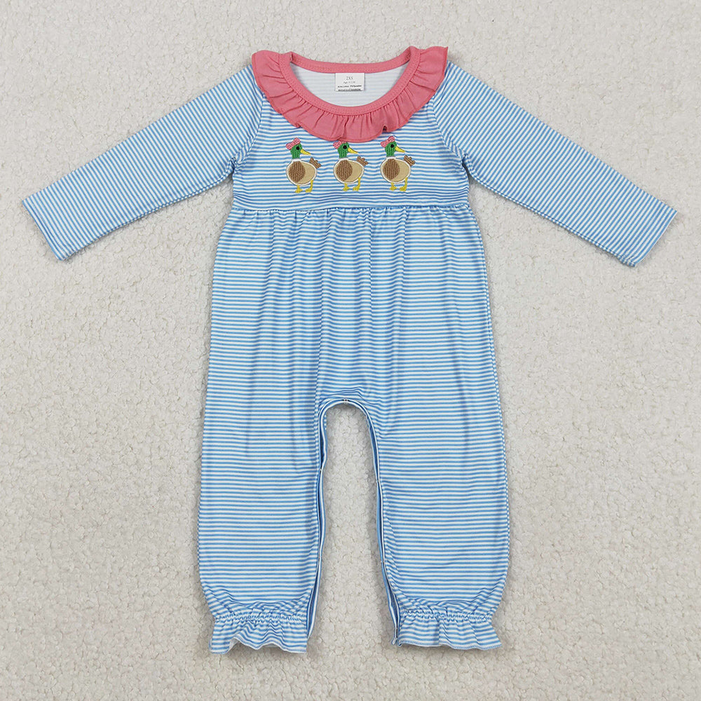 Baby Girls Rompers Embroidery Ducks Stripe Ruffle Collar Footie Rompers LR2738 12.2