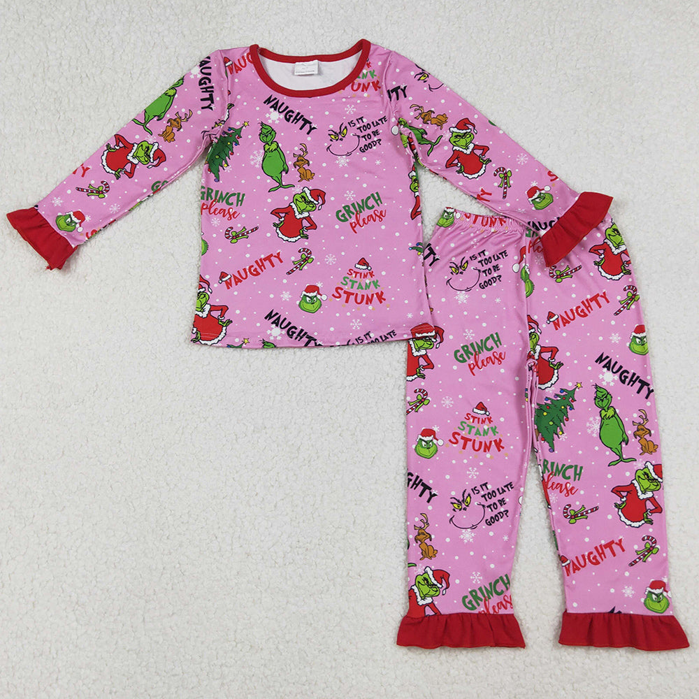 Baby Girls Pajamas Christmas Trees Green Face Top Ruffle Pant Sleepwear Set GLP2710 10.1