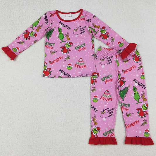 Baby Girls Pajamas Christmas Trees Green Face Top Ruffle Pant Sleepwear Set GLP2710 10.1