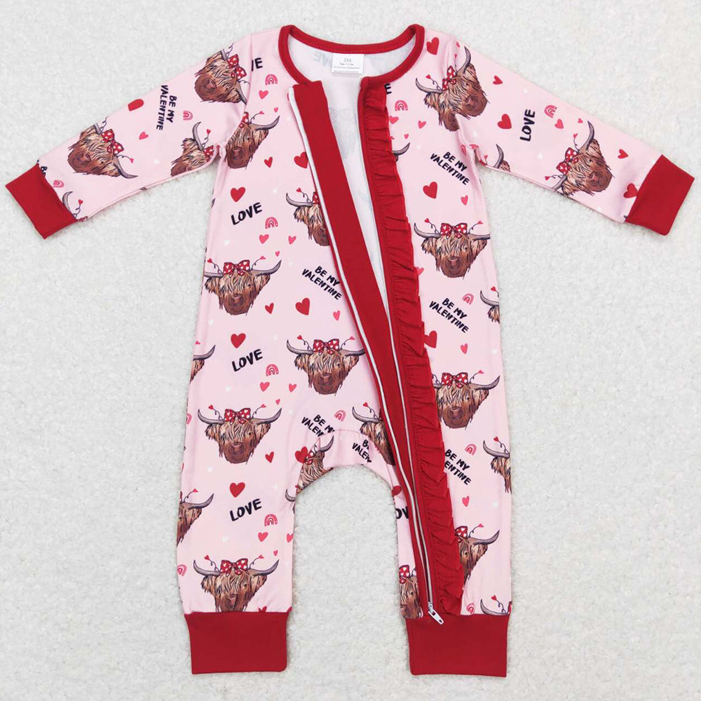 Baby Girls Rompers Western Highland Cow Valentines Hearts Zip Rompers LR0804