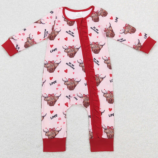 Baby Girls Rompers Western Highland Cow Valentines Hearts Zip Rompers LR0804