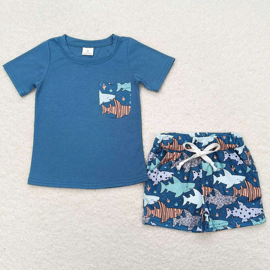 Baby Boys Clothes Blue Pocket Tee Shirts Tops Fish Shorts Sets BSSO0830