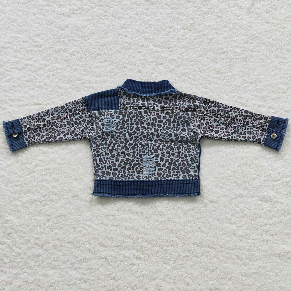 Hot Sale Baby Girls Denim Coats Leopard Jeans Long Sleeve Jackets Cardigans GT0203