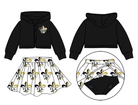 Preorder(moq 5) Baby Girls Saints Team Hooded Top Bummie Skirts Clothes Sets 8.13
