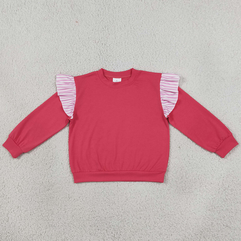 Baby Girls Watermelon Red Stripe Long Flutter Sleeve T-shirts Top GT1848