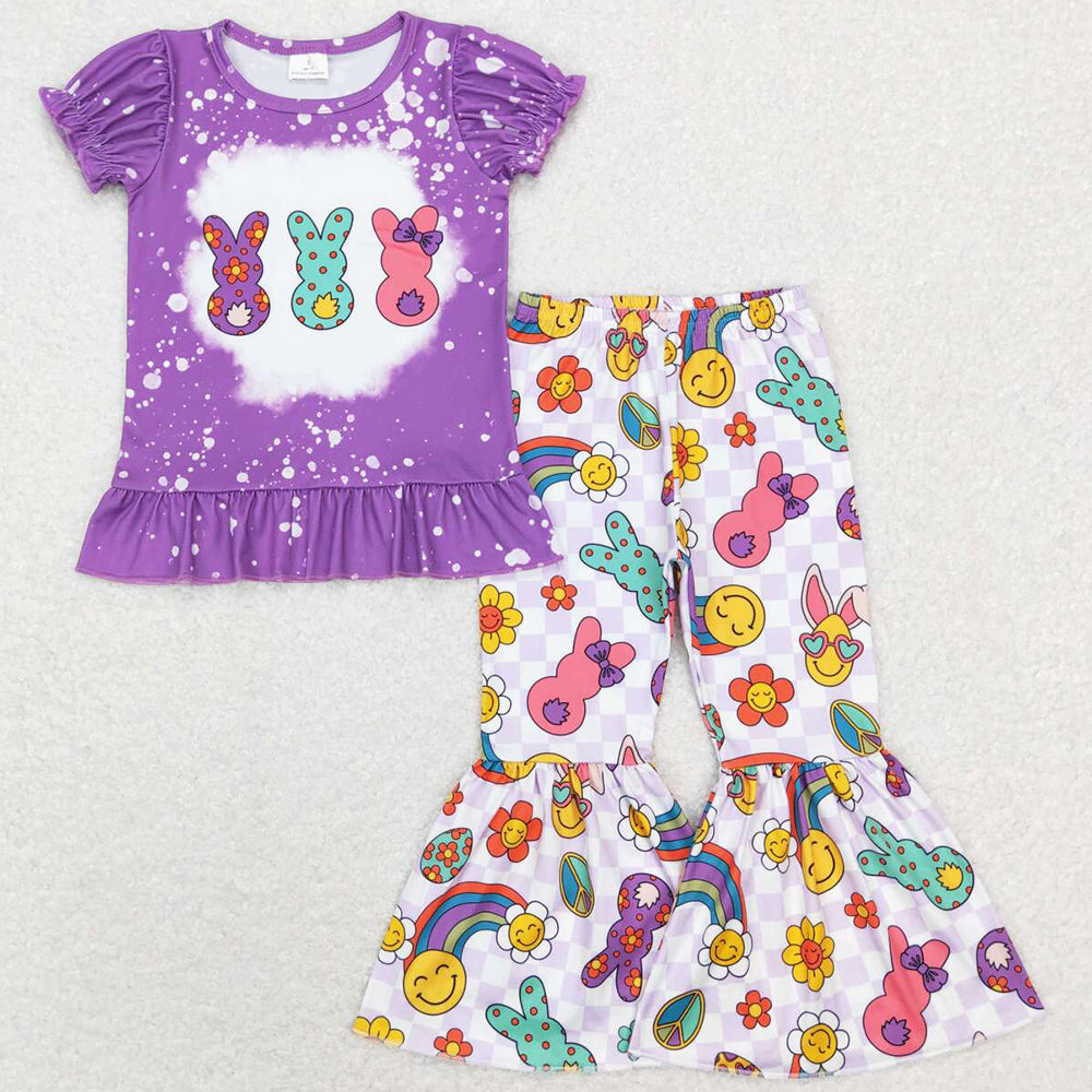 Baby Girls Clothes Purple Easter Rabbits Short Sleeve Top Flare Pants Sets GSPO1116