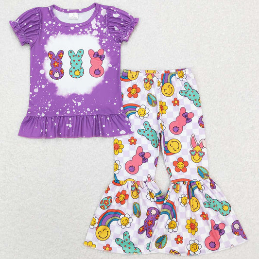 Baby Girls Clothes Purple Easter Rabbits Short Sleeve Top Flare Pants Sets GSPO1116