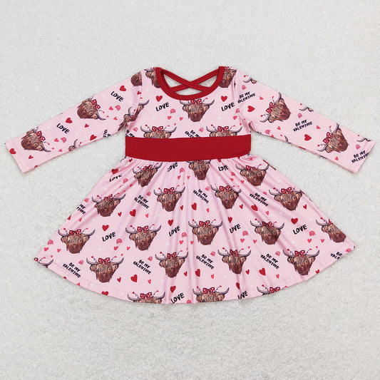 Baby Girls Dress Valentines Cow Hearts Long Sleeve Knee Length Dresses GLD0479