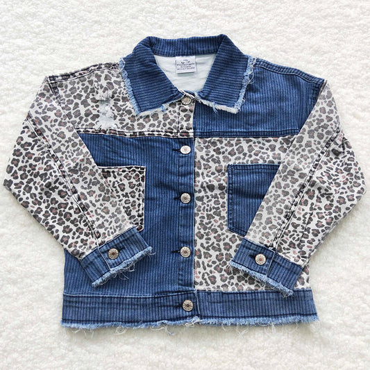 Hot Sale Baby Girls Denim Coats Leopard Jeans Long Sleeve Jackets Cardigans GT0203