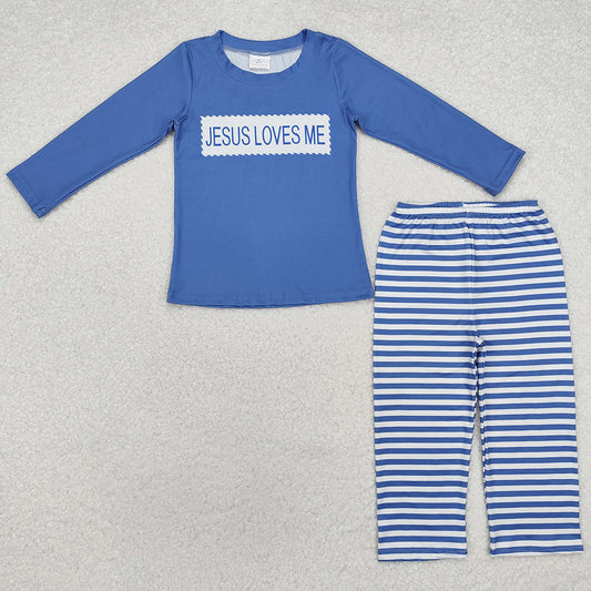 Baby Boys Clothes Blue Stripes Jesus Loves Me Top Pants Sets BLP0766