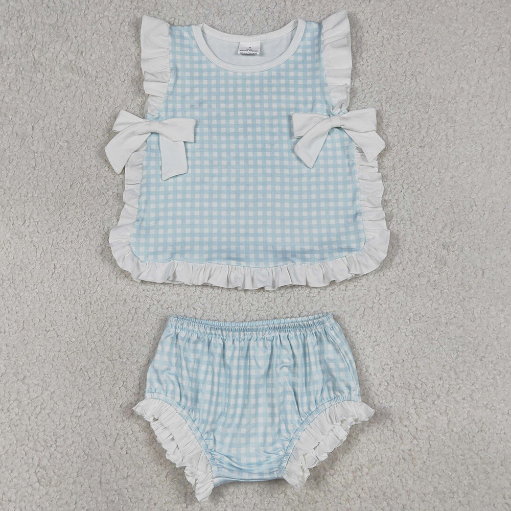 Baby Girls Clothes Light Blue Checked Bows Tunic Bummies Clothes Sets GBO0529