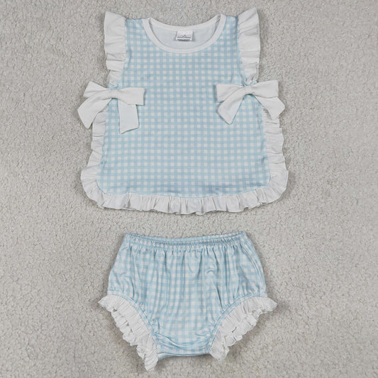 Baby Girls Clothes Light Blue Checked Bows Tunic Bummies Clothes Sets GBO0529