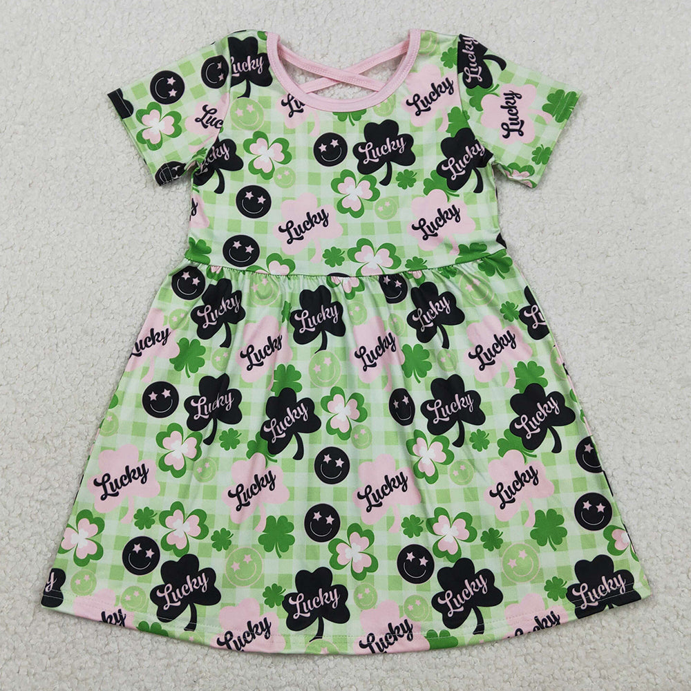 Baby Girls Dress Green Checked Clovers Lucky St Patrick Knee Length Dresses GSD2840