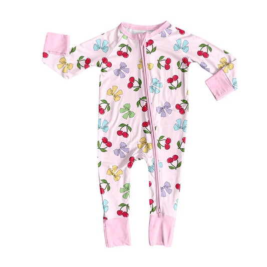 Preorder (moq 8)Baby Girls Colorful Bows Cherry Valentine Zipper Footie Rompers 9.13