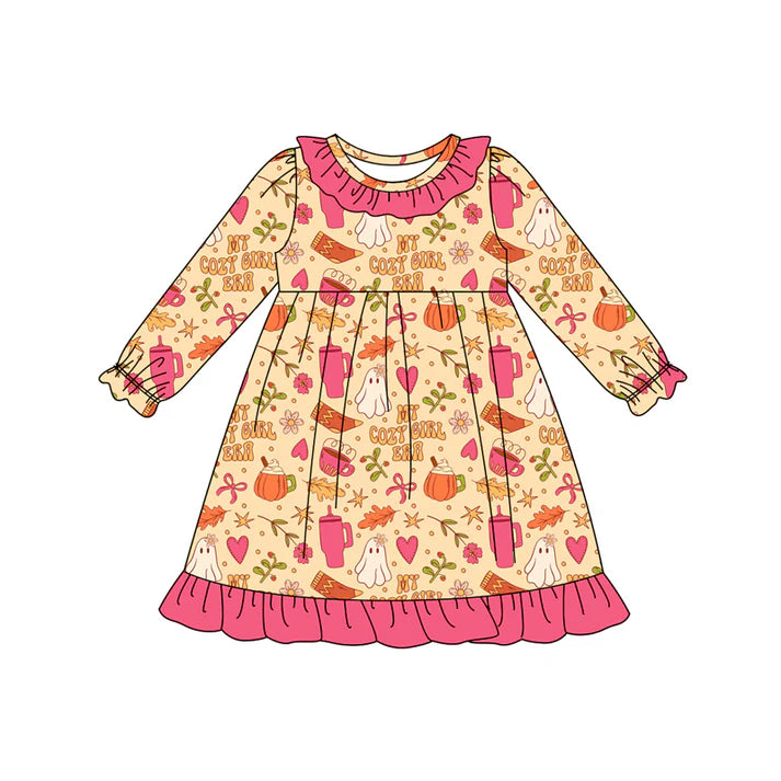 Preorder(moq 5) Baby Girls Pink Bows Ghosts Halloween Knee Length Dresses 8.15