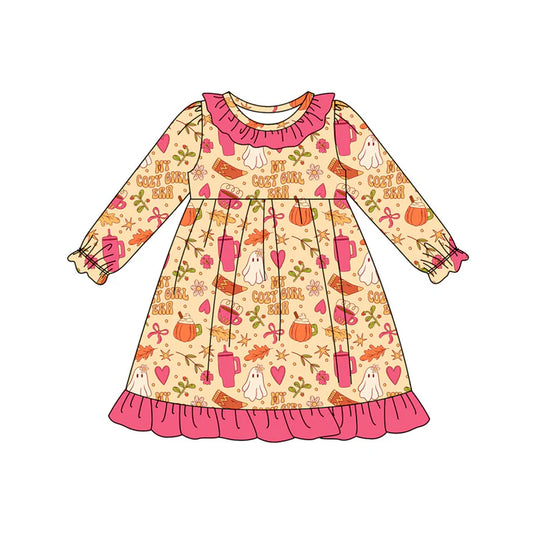 Preorder(moq 5) Baby Girls Pink Bows Ghosts Halloween Knee Length Dresses 8.15