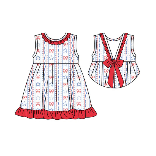 Preorder moq 5 Baby Girls Sleeveless Red Blue Bows Stars 4th Of July Knee Length Dress 4.22
