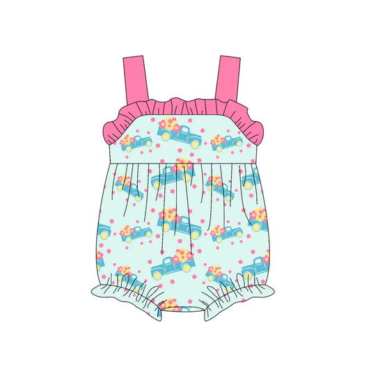 Preorder (moq 5)Baby Boys Pink Strap Flowers Trucks Ruffle Rompers 4.24