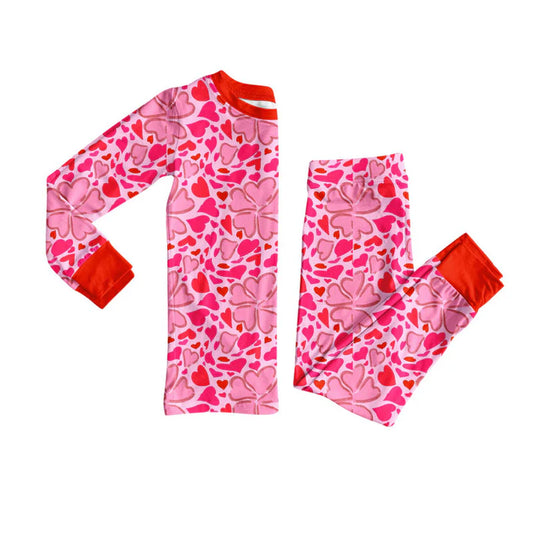 Preorder(moq 8)Baby Girls Hot Pink Hearts Clovers Top Pants Valentine Pajamas Sets 9.26