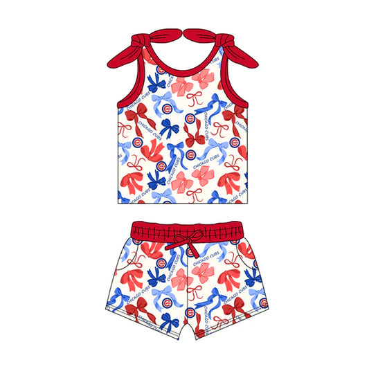 Preorder MOQ 5 pcs sleeveless C red blue bow top shorts girls team clothes 8.23