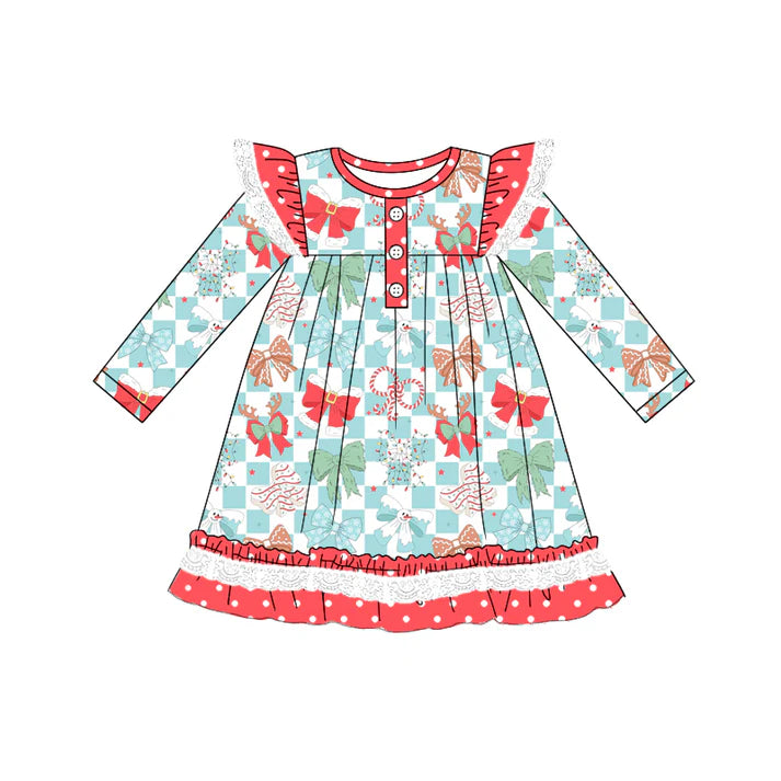 Preorder (moq 5)Baby Girls Long Sleeves Blue Plaid Colorful Bows Ruffle Button Knee Length Dresses 5.19