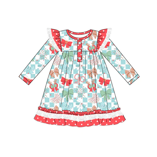 Preorder (moq 5)Baby Girls Long Sleeves Blue Plaid Colorful Bows Ruffle Button Knee Length Dresses 5.19
