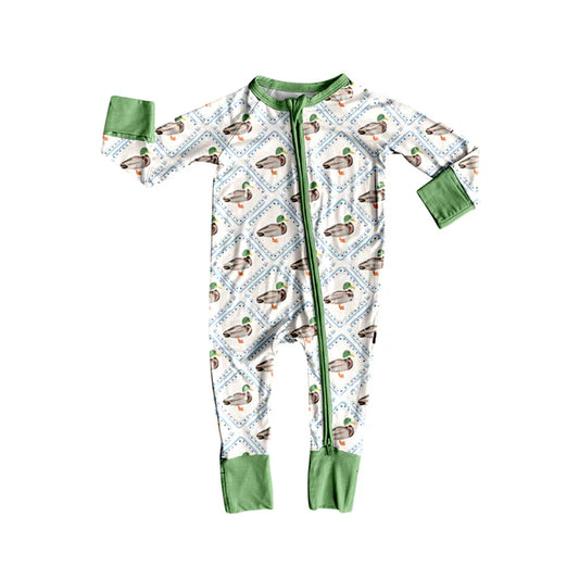 Preorder (moq 5)Baby Girls Long Sleeves Green Ducks Plaid Zipper Rompers 5.24