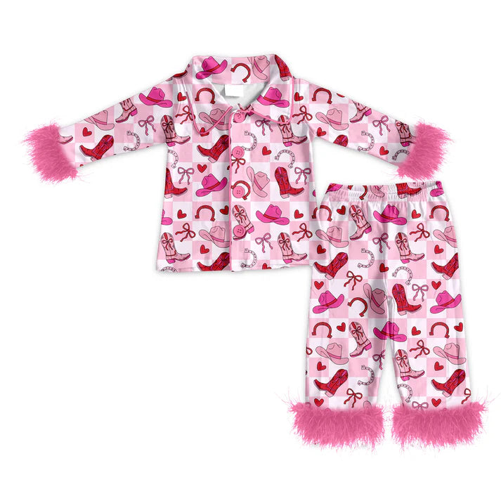 Preorder (moq 5)Baby Girls Boot Hearts Checked Button Top Pants Western Fur Sleeve Pajamas Sets 11.22