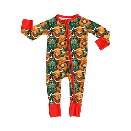 Preorder(moq 5)Baby Infant Boys Long Sleeves Highland Cows Christmas Trees Zipper Rompers 7.30