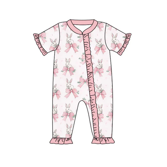 Preorder (moq 8)Baby Girls Pink Bows Rabbits Easter Ruffle Zipper Footie Rompers 9.17