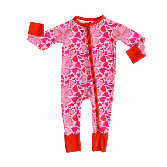 Preorder (moq 8)Baby Girls Hot Pink Hearts Clovers Valentine Zipper Footie Rompers 9.26
