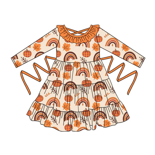 Preorder moq 5 Baby Girls Long Sleeves Rainbows Pumpkins With Belt Ruffle Knee Length Dresses 5.2
