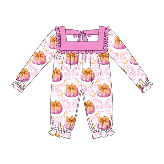 Preorder (moq 5)Baby Girls Long Sleeves Pink Floral Pumpkins Ruffle Pant Rompers 6.13