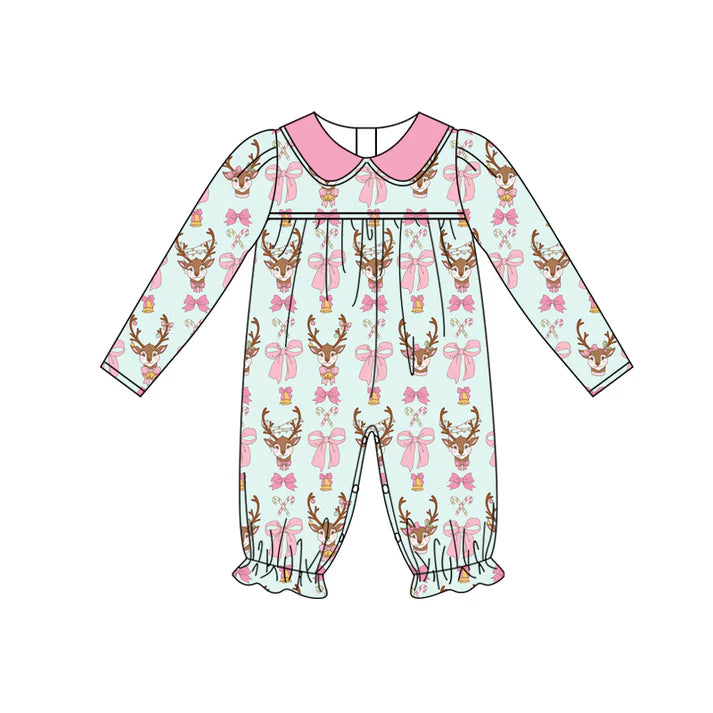 Preorder (moq 5)Baby Girls Long Sleeves Bows Deer Candy Cane Plaid Ruffle Pant Romper 7.2