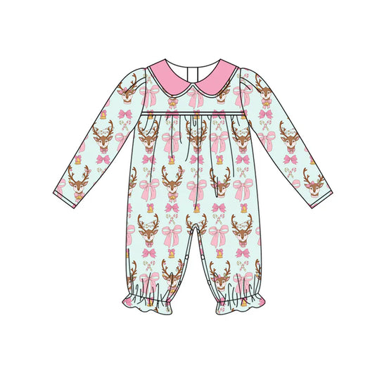 Preorder (moq 5)Baby Girls Long Sleeves Bows Deer Candy Cane Plaid Ruffle Pant Romper 7.2
