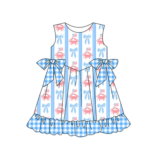 Preorder moq 5 Baby Girls Sleeveless Blue Bows Crab Flags 4th Of July Knee Length Dress 4.22