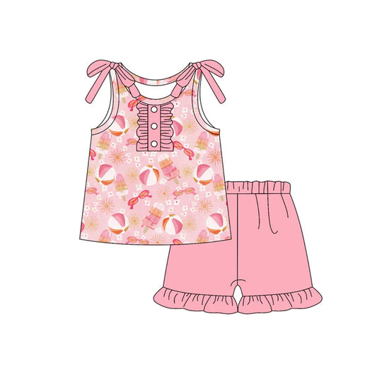 Preorder (moq 5)Baby Girls Pink Bows Sleeveless Glasses Beach Button Top Ruffle Shorts Set 6.3