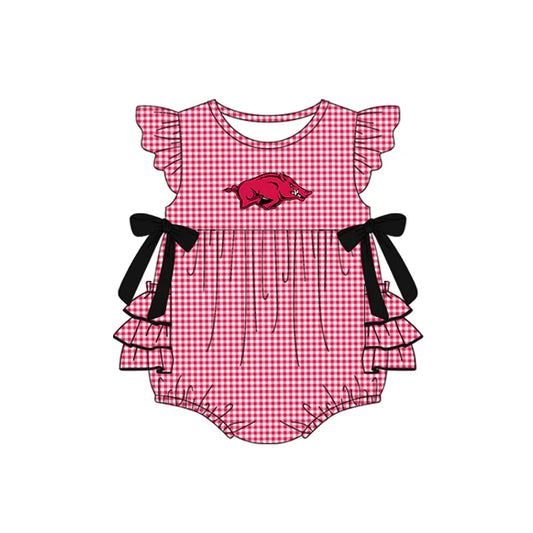 Preorder moq 5 Baby Girls Red Plaid Flutter Sleeves Bows Bull Team Rompers 7.10