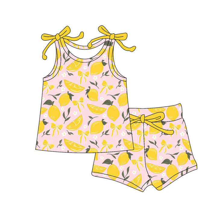 Preorder moq 5 Baby Girls Bows Sleeveless Bows Lemons Top Short Set 4.16