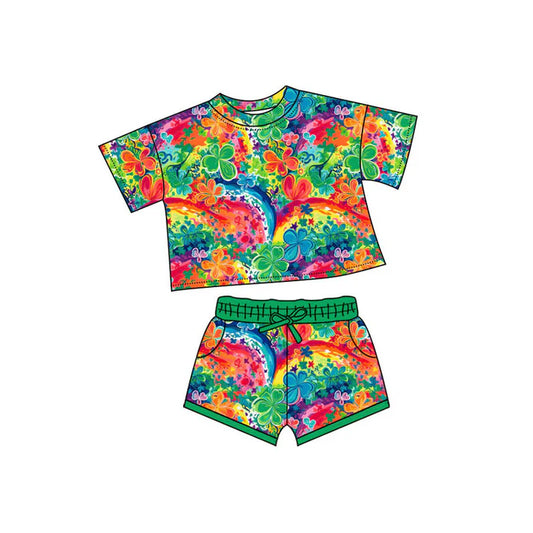 Preorder(moq 5) Baby Girls Colorful Clovers Flowers Top Pockets Shorts St Patrick Clothes Sets 10.4