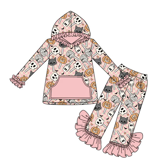 Preorder (moq 5)Baby Girls Peach Long Ruffle Sleeves Ghost Pumpkins Pocket Hoodies Pant Set 6.17
