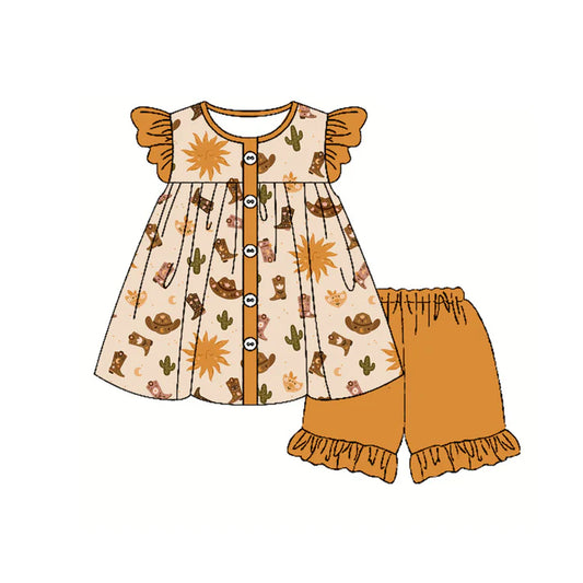 Preorder moq 5 Baby Girls Orange Flutter Sleeves Button Cactus Boots Tunic Ruffle Short Set 4.18
