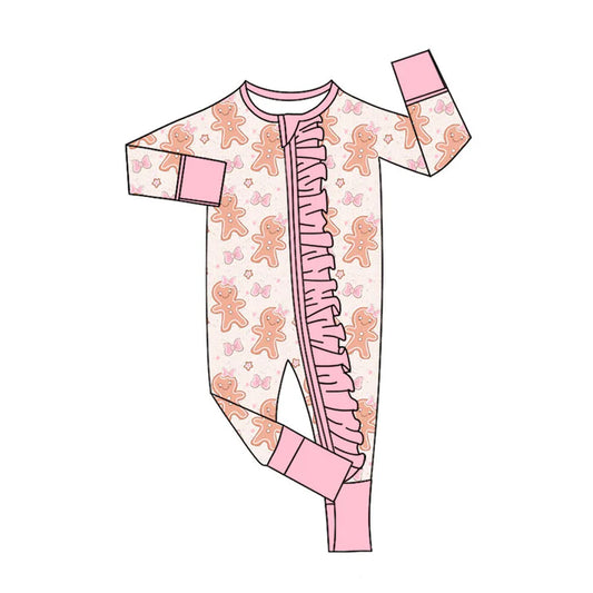 Preorder (moq 5)Baby Girls Pink Gingerbread Bows Christmas Ruffle Zipper Footie Rompers 9.4
