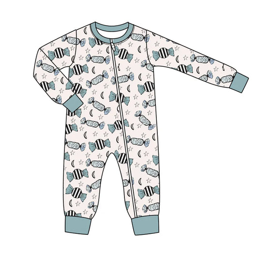 Preorder (moq 5)Baby Boys Long Sleeves Blue Candy Stars Plaid Zipper Pant Rompers 6.13