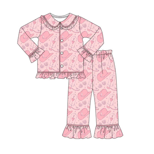 Preorder (moq 8)Baby Girls Pink Hats Heart Boots Button Top Ruffle Pants Valentine Pajamas Sets 9.22