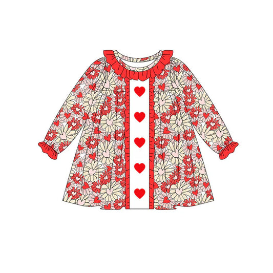 Preorder (moq 8)Baby Girls Red Daisy Hearts Ruffle Sleeve Valentine Knee Length Dresses 9.6