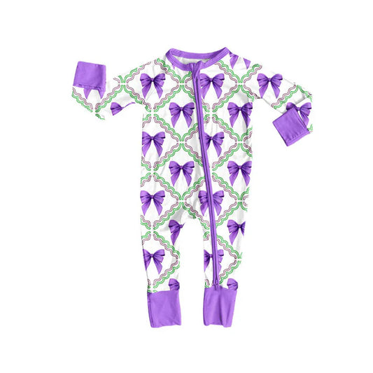 Preorder (moq 5)Baby Girls Mardi Gras Purple Bows Checked Zipper Footie Rompers 9.3
