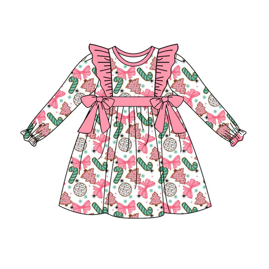 Preorder moq 5 Baby Girls Long Ruffle Sleeves Candy Cane Pink Bows Knee Length Dresses 5.2